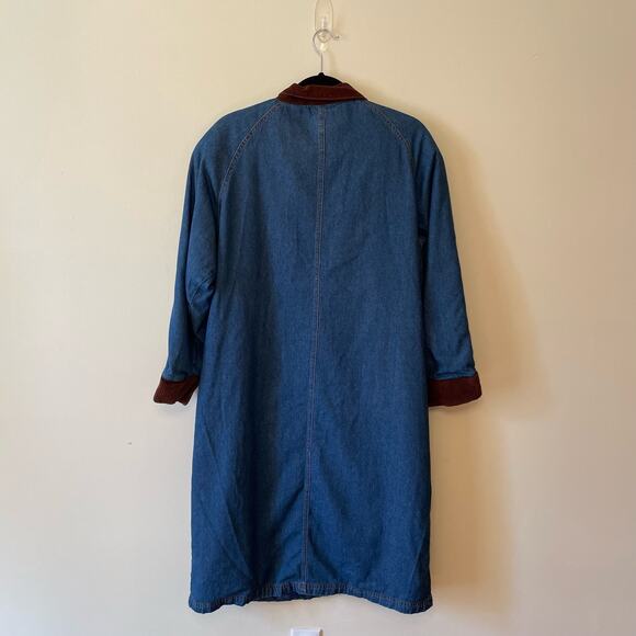 70s Vintage XXL long sleeve trench coat blue denim corduroy brown button down - Picture 5 of 7